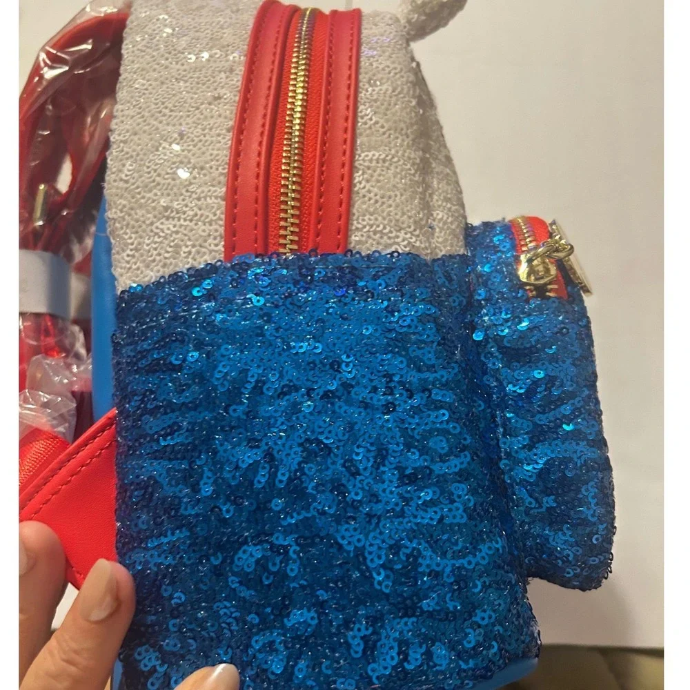 Hello Kitty Loungefly Sequin Mini Backpack Classic Overalls Blue Red White Bag